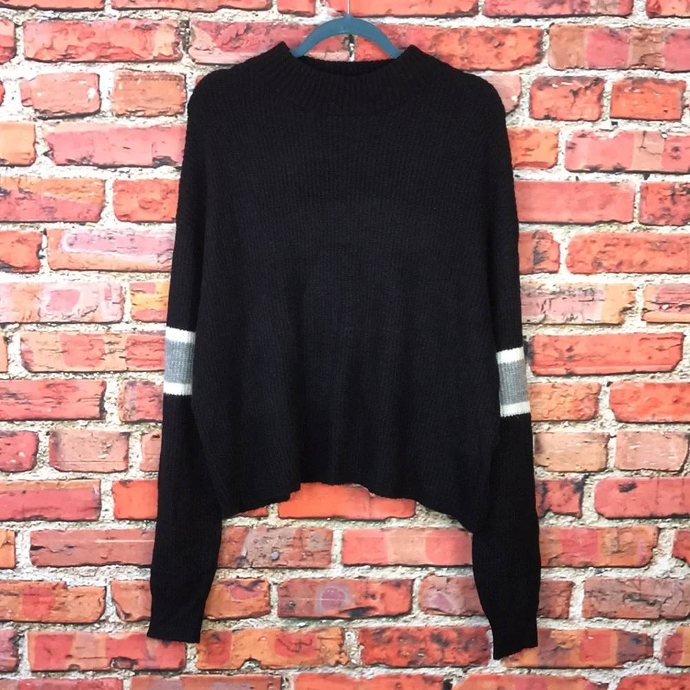 Revolve John + Jenn Black Varsity Stripe Mock Neck Sweater - Picture 1 of 13